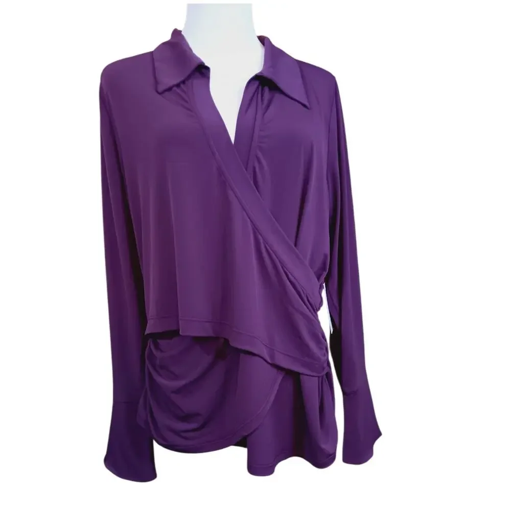 NEW ELOQUII Draped Faux Wrap Top Blouse 14/16‎ XL Stretch Purple Career Event